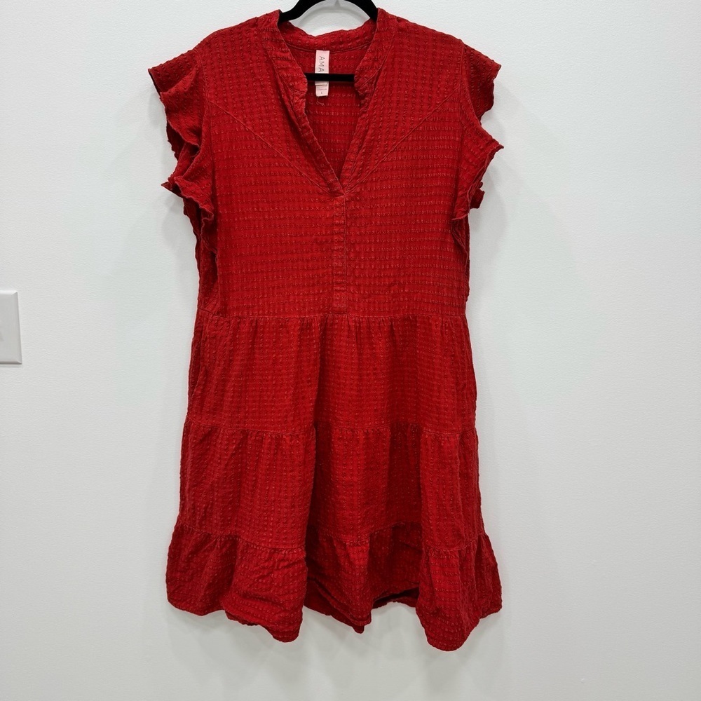 Anthropologie Amadi Flutter Sleeve Ruffle Tiered Red Dress Sz Large textured
